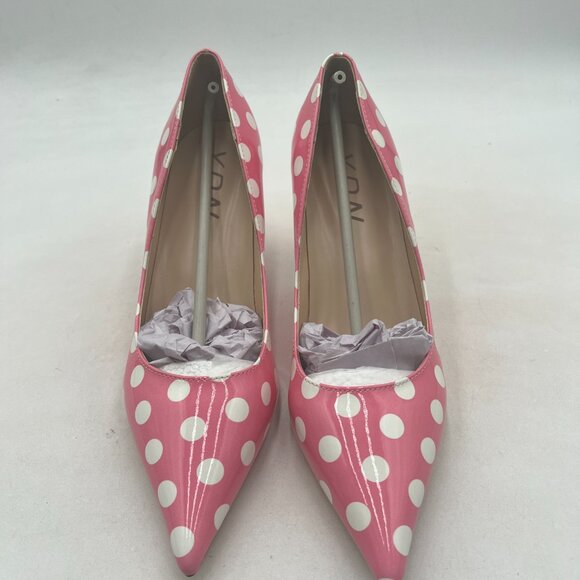 YDN Pink Polka Dot Pointed Toe Mid Heel Pump Slip on Slide Dress Shoes for Party - Picture 3 of 8